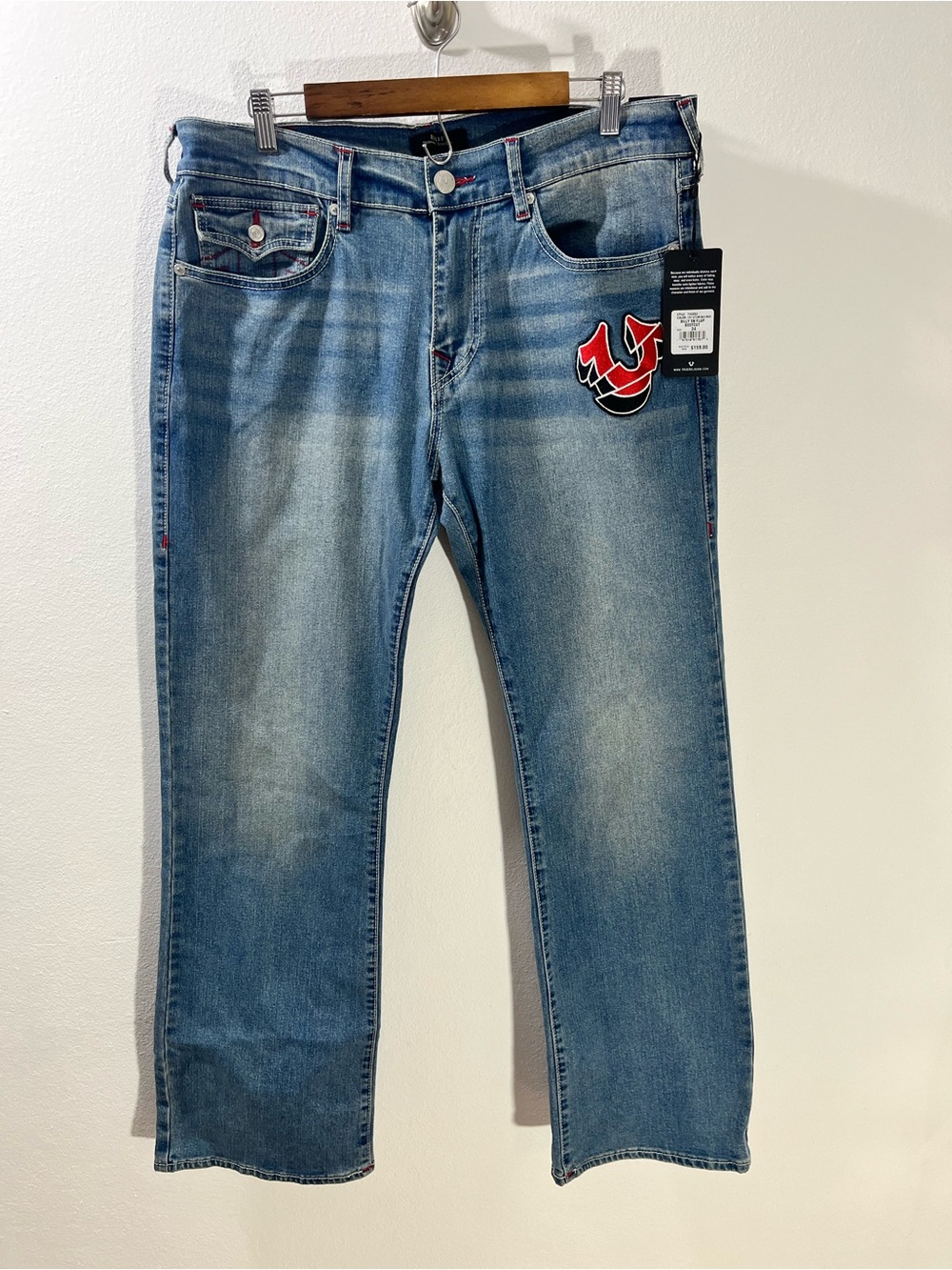 True Religion Jeans Mens 34x33.5 Blue Billy Logo Patch Relaxed Bootcut Denim NWT